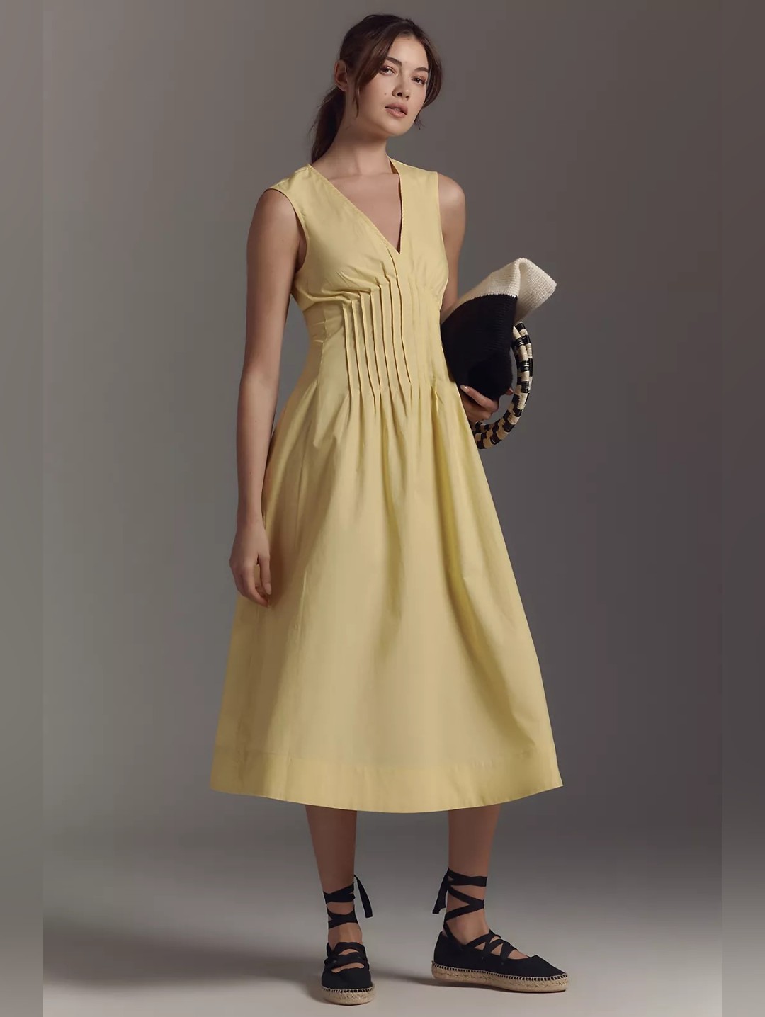 Nwt Maeve Anthropologie Hailey Sleeveless V-Neck Pintuck Midi Dress Yellow Large